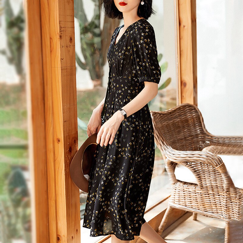 SANDRO SELEN HIGH-END HEAVY SILK PRINT DRESS WOMEN'S MIDI SHORT SLEEVE MULBERRY SILK FLORAL SKIRT