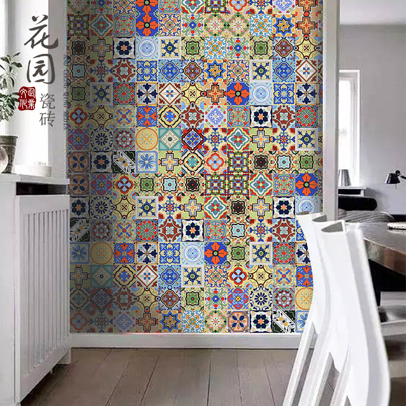 European stairs Mediterranean waist line corner flower tile background wall Hand-painted concave and convex bright antique tiles 100