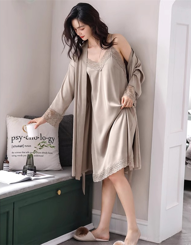 2024 Silk Pajamas for Women, Spring and Autumn Lace Sexy Camisole Long-Sleeved Nightgown, Soft and Skin-Friendly Two-Piece Set
