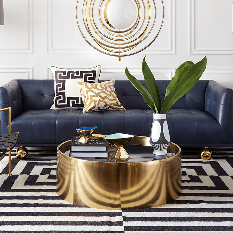 Italian light luxury small apartment type living room round marble coffee table black glass surface simple model house villa clubhouse spend a few