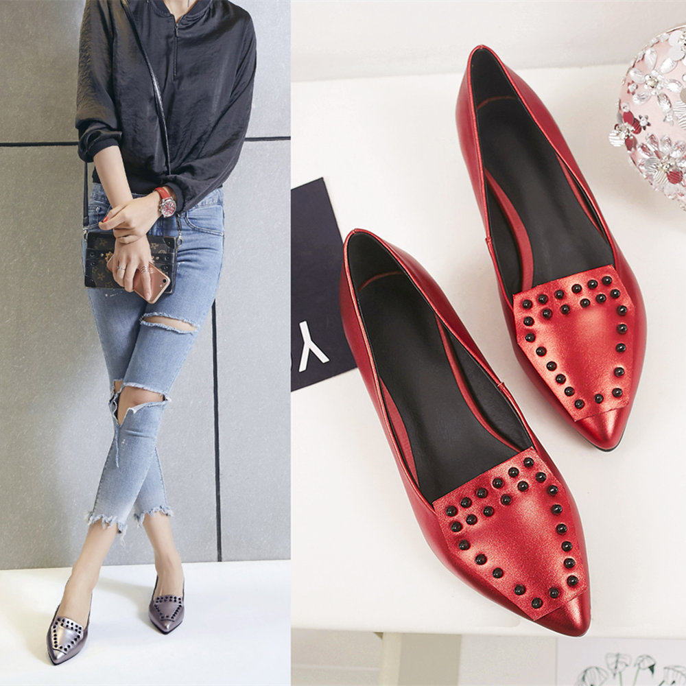 Flat shoes female spring new leather red single shoes flat and riveting female pointed shoes shallow four seasons of ladyskin shoes