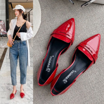 Hollow Baotou Sandals Womens 2022 Summer New Pointed Toe Leather Thick Heel Muller Shoes Flat Red Middle Heel Womens Shoes