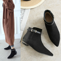 Flat ankle boots womens autumn and winter new pointed toe martin boots leather nubuck leather nude boots flat heel plus velvet ankle boots womens boots