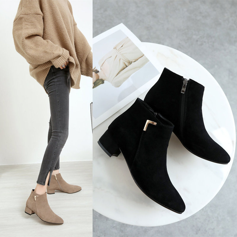 Short Boots for Women, Autumn and Winter New Style, Genuine Leather Ankle Boots, Flat-Soled Ankle Boots, Fleece-Lined Martin Boots, Chunky Heel, Pointed Toe, Flat-Heeled Women's Boots