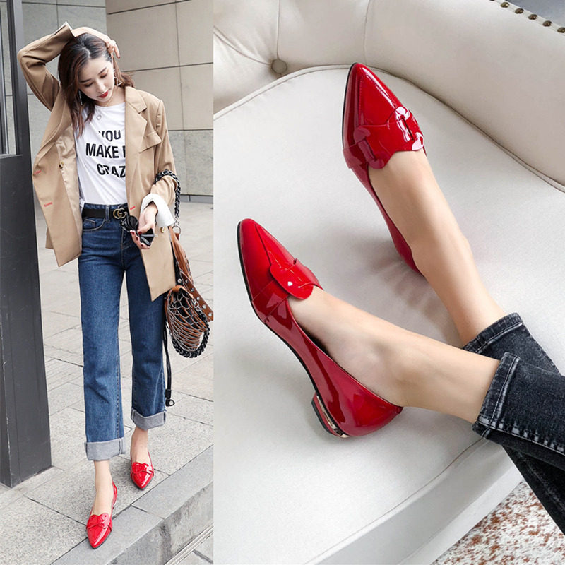 Flat single shoes women 2022 new spring Korean version leather flat heel bowknot pointed toe red shallow mouth four seasons shoes
