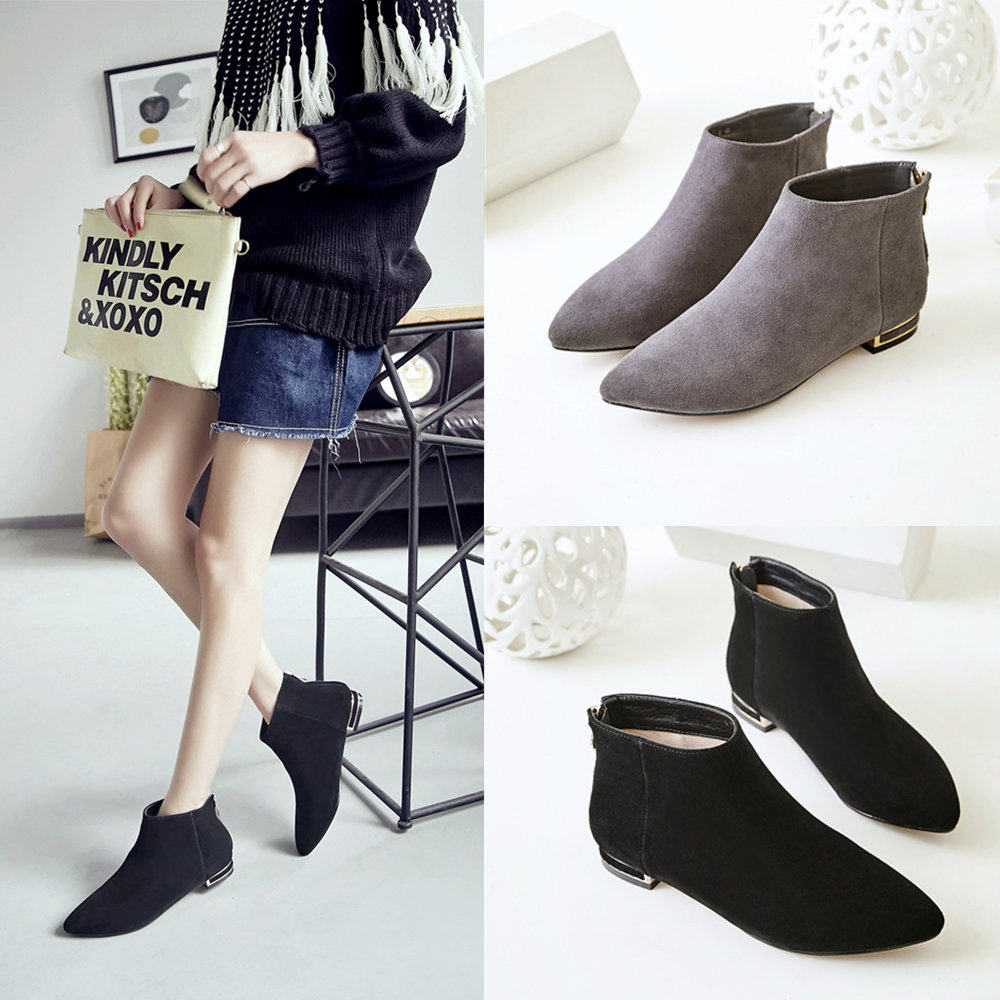 Small boots female autumn new tip leather naked boots flat and ankle boots Martin boots worn skinned short-sized female boots