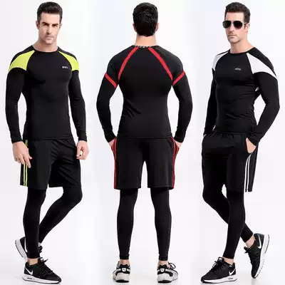 Silk map fitness suit three-piece set men Spring and Autumn long sleeve training quick-drying tight sports room running clothes men