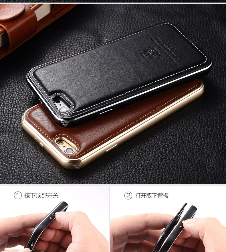 iMatch Luxury Aluminum Metal Bumper Premium Genuine Leather Back Cover Case for Apple iPhone 6S/6 & iPhone 6S Plus/6 Plus