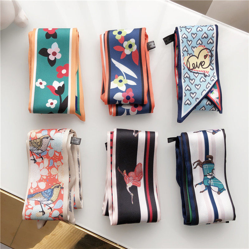 ins silk scarf Women's spring and summer wild long thin narrow Korean version of the scarf decorative art tie scarf Small ribbon turban