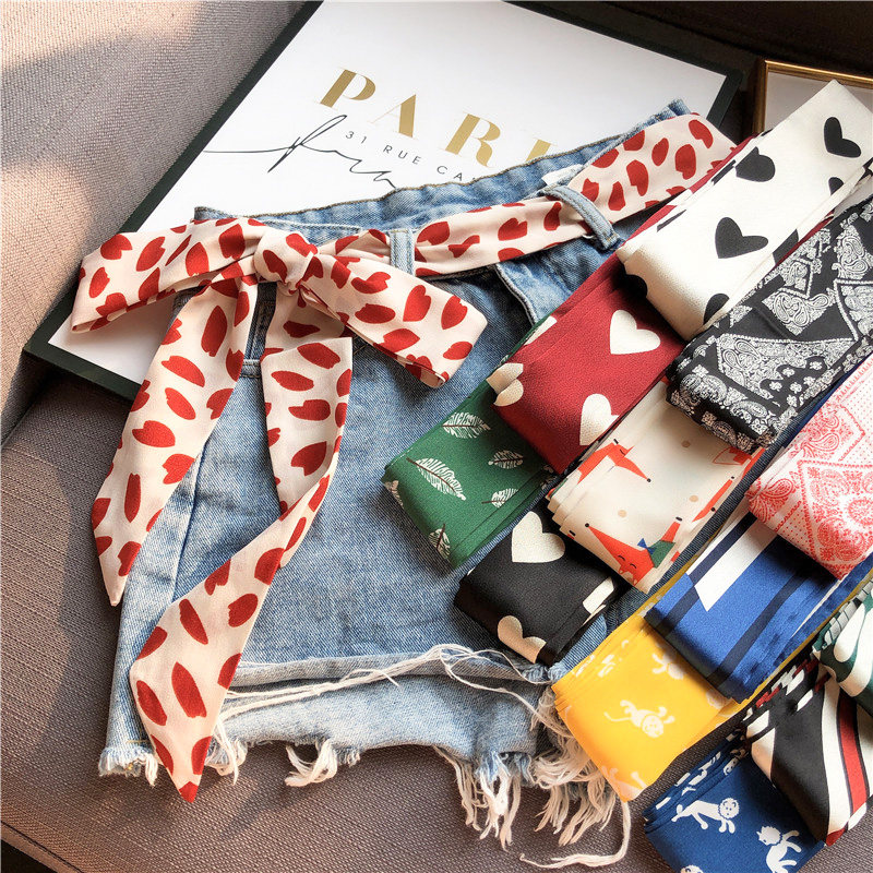 2021 Korean version of the narrow silk scarf female long streamer tied bag decorative ribbon belt hair band spring and Autumn super long small scarf