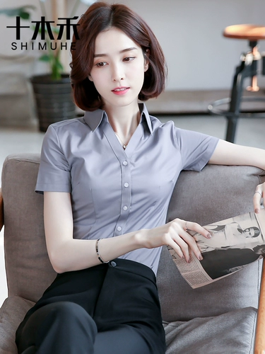 Рубашка, летний тонкий приталенный комбинезон, короткий рукав, V-образный вырез