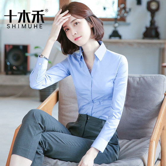 Blue shirt, women's spring and autumn long sleeved white professional work clothes, 2024 new V-neck, temperament manager, formal top cotton