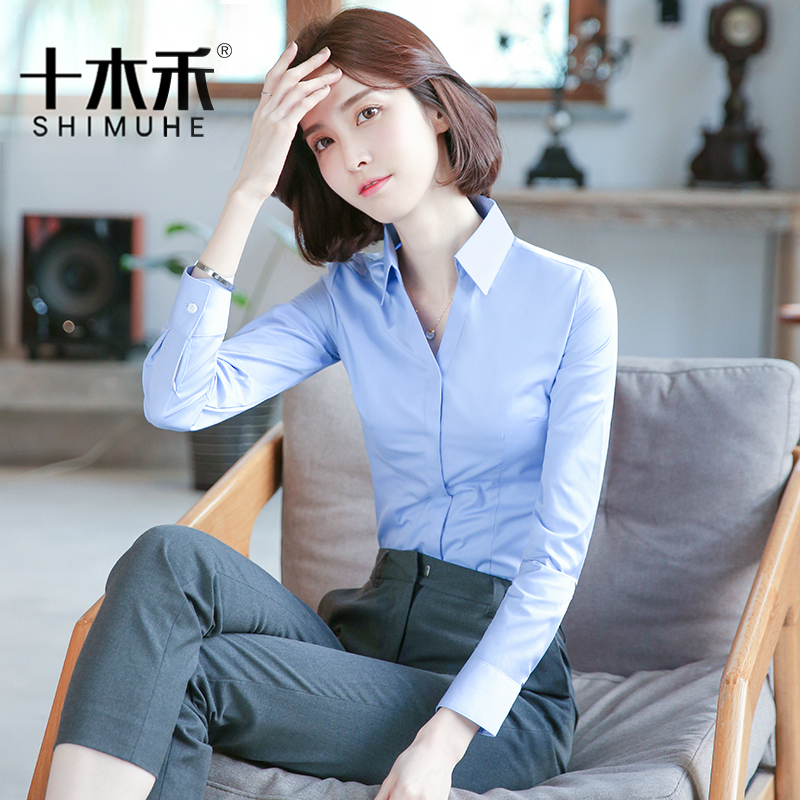 Blue Shirt for Women, Spring and Autumn Long-Sleeved White Professional Workwear, 2026 New Style, V-Neck, Elegant Manager Formal Top, Cotton