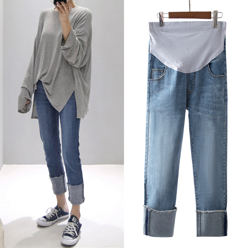 Pregnant Woman Jeans Spring Autumn Clothing Outside Wearing Smoke Tube Straight Drum Pants Fashion Boomer Loose thin curl 90% Pants