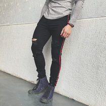 BEESTRONG new vintage striped slim sports jeans mens bunched feet Korean super stretch sports trousers