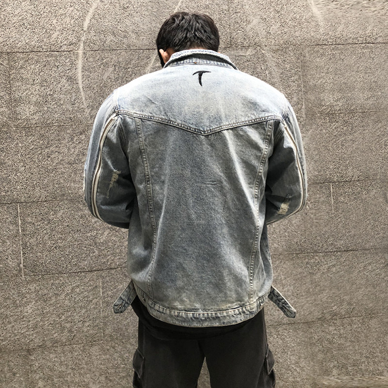 Sports jacket classic light blue loose hole denim muscle training brother European and American casual top men