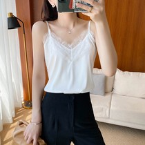 Lace Splicing Harnesses Female inner lap Sexy mulberry Silk Bottom Little Vest Summer Wear Satin Sexier Beauty Back Short