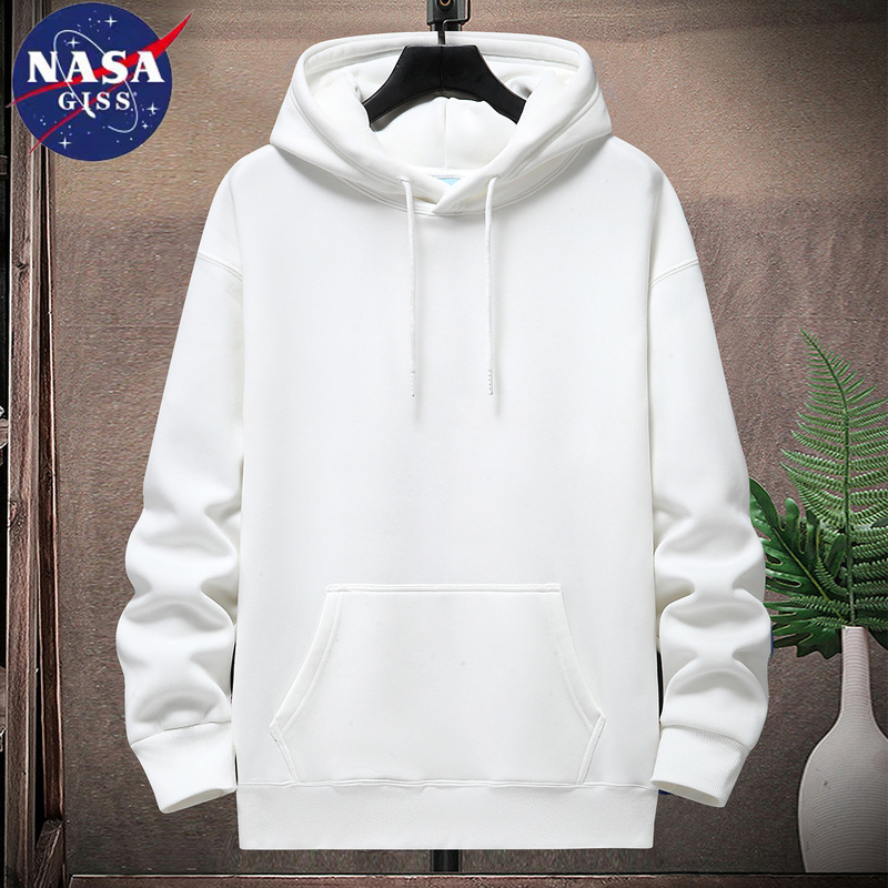 Nasa Heavyweight Hoodie for Men, Hooded, Autumn and Winter, Solid White, Fleece-Lined, Thickened, Couple's Sweatshirt, Loose Top, Jacket