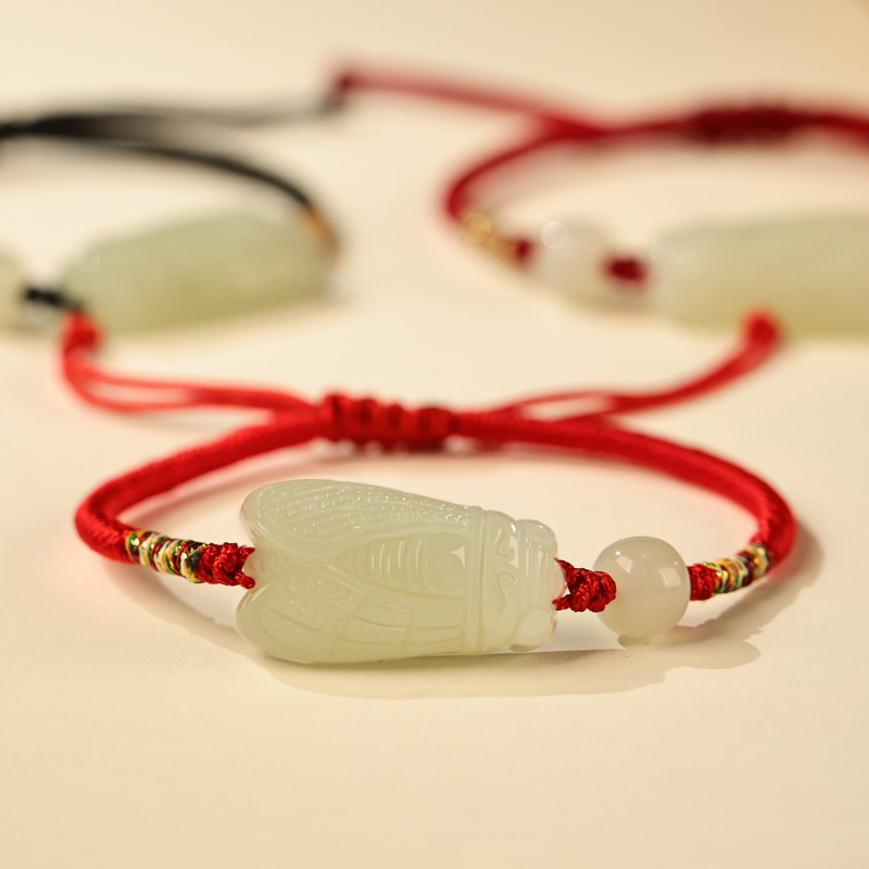 Hetian Jade Bracelet with Cicada Design, a Symbol of Success and Academic Achievement, Red String for Men and Women, White Jade Cicada, a Gift for Passing Exams