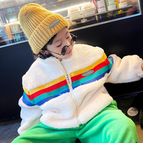 Boys lamb velvet jacket autumn and winter clothes 2022 new western style big boy plus velvet thick quilted cotton color matching cotton clothes Korean