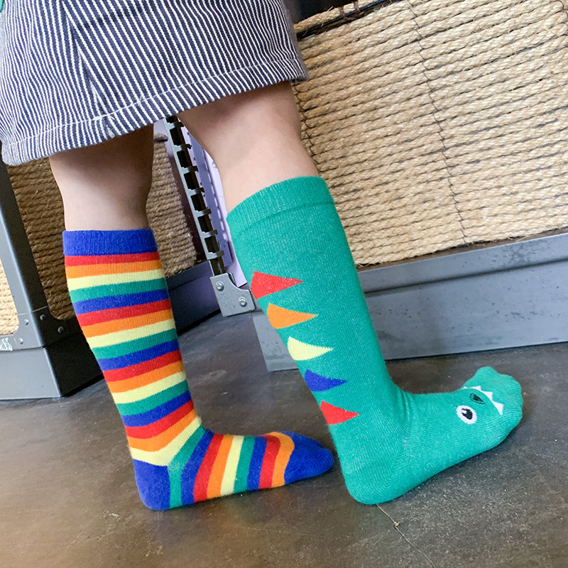Korean version of children's socks pure cotton girls' mid-tube socks baby cotton socks foreign style rainbow dinosaur color matching socks AB socks