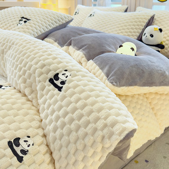 Cartoon Bean Velvet Four-Piece Set, Winter Milk Velvet Duvet Cover, Fleece-Lined and Thickened Coral Velvet Flannel Bed Sheet Three-Piece Set