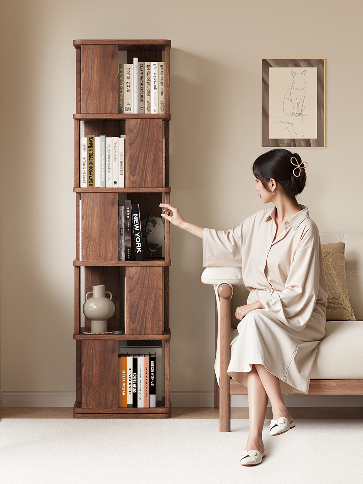 Sanmeng Rotating Bookshelf 360-Degree Solid Wood Bookcase Floor-Standing Storage Rack Integrated Wall-Mounted Living Room Home Storage Cabinet