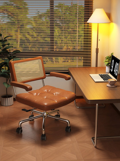 电脑椅家用藤编复古办公椅书房卧室学习书桌椅子靠背餐椅升降转椅