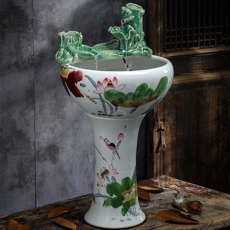 Jingdezhen ceramic aquarium pillar landing circular large goldfish bowl sitting room automatic flow aerobic fish bowl