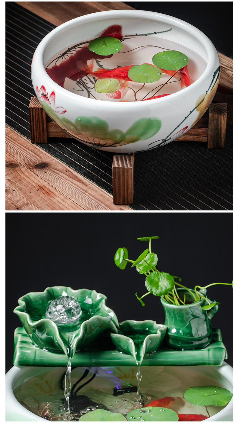 Creative ceramic goldfish bowl sitting room office desktop small from circulating water of household water lily tortoise cylinder