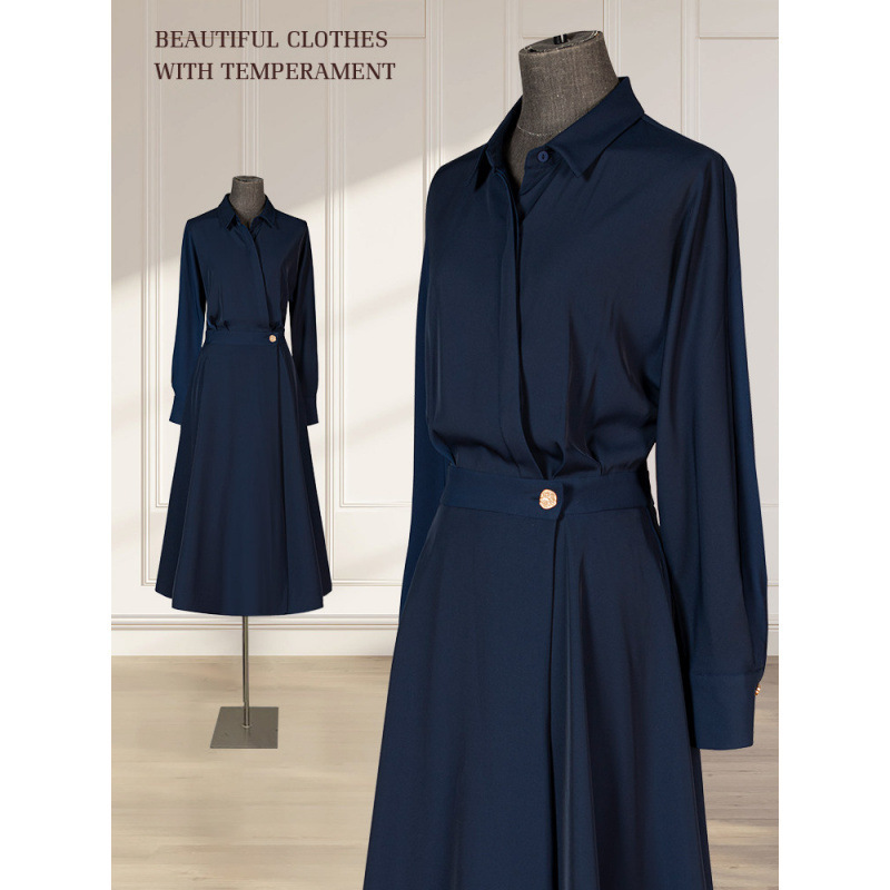 Plus-Size Slimming Dress, Spring and Autumn Style, High-Waisted Long Shirt Dress, Elegant Large Size Slimming Long Skirt 100kg