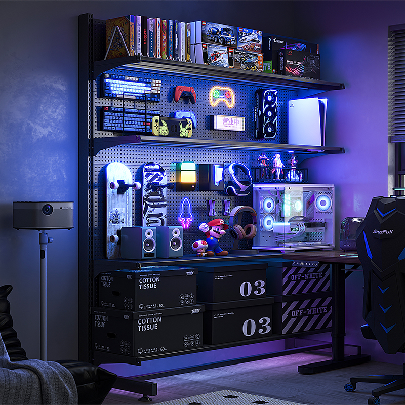 垂直穴あきボードラックフロアスタンドゲームルーム装飾金属収納ラックパンチフリーコンピュータデスクトップ変換