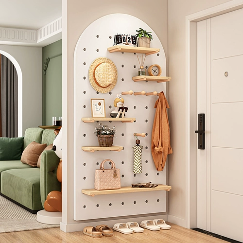 Доска с отверстиями из цельного дерева, настенная стойка на заказ, подвесная доска, декоративная перегородка, стеллаж для хранения при входе, настенная книжная полка