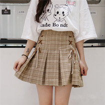 Large size pleated skirt Female fat mm strap plaid a-line skirt skirt Korean version suitable for crotch thigh thick skirt