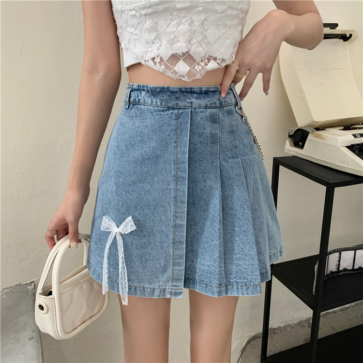 Large size denim denim skirt half body dress a typo pleated skirt short section High waist fat mm butterfly knot irregular design senses spring