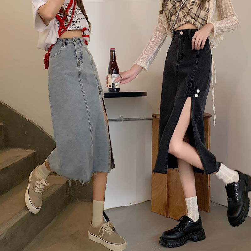 New retro big size denim Jeans Half Body Skirt Woman Fall Design Feel High Waist Open Fork Bag Hip a word half body dress Fat mm