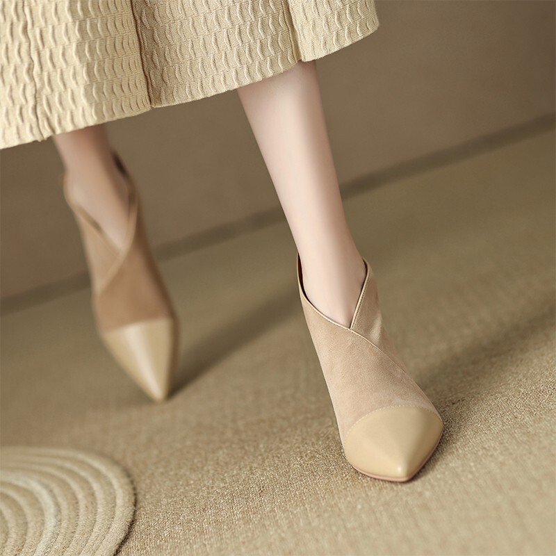 French-Style Ankle Boots for Women, Winter Women's Shoes, Pointed-Toe High Heels, Women's Stiletto Deep-Cut Single Shoes, Sheepskin Nude Boots, Short Boots