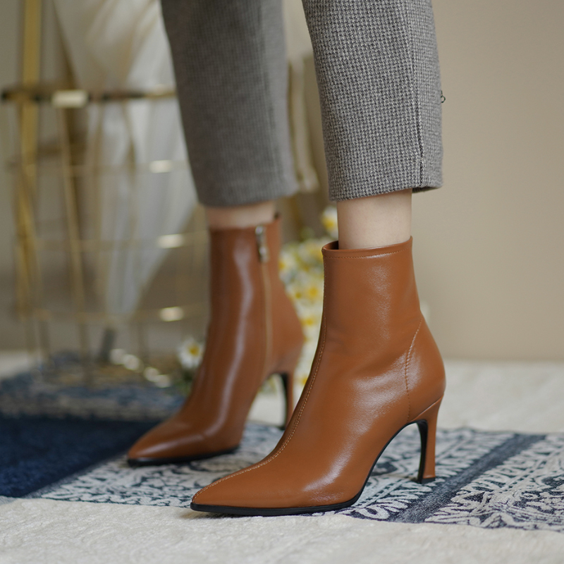 White Short Boots for Women, Stiletto Pointed Toe High Heels, Brown Autumn and Winter Ankle Boots, Caramel Color French Boots, Winter Women's Shoes