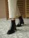 Brown short boots for women, spring and autumn single boots, popular high-heeled Martin boots, soft leather, white retro square toe thick heels, slim boots