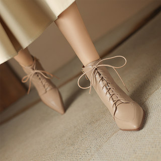 Sheepskin Chunky Heel Short Boots for Women, Spring and Autumn Single Boots, French Pointed Toe High Heels, Winter Lace-Up Martin Boots, Retro Boots