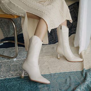 Women's Mid-Calf Boots with Fleece Lining, White Pointed-Toe High Heels, Stiletto Heel, Sheepskin V-Cut, Mid-Length Boots for Petite Women