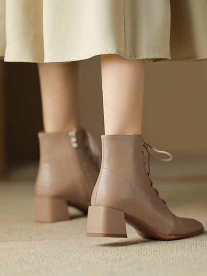 Sheepskin thick heel short boots for women, spring and autumn single boots, French pointed high heels, winter lace-up Martin boots, retro boots