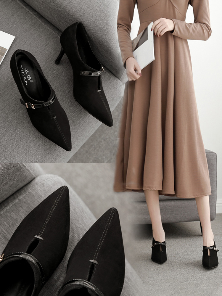 Deep mouth single shoes women's high heels black work shoes women's professional fine heel suede 2020 autumn and winter new bare boots ankle boots
