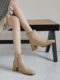 Brown short boots for women, spring and autumn single boots, popular high-heeled Martin boots, soft leather, white retro square toe thick heels, slim boots