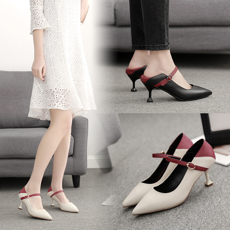 2021 summer women's high-heeled shoes wine glass with color matching one-word buckle stiletto heel temperament soft leather heel can be stepped on Ding belt single shoes