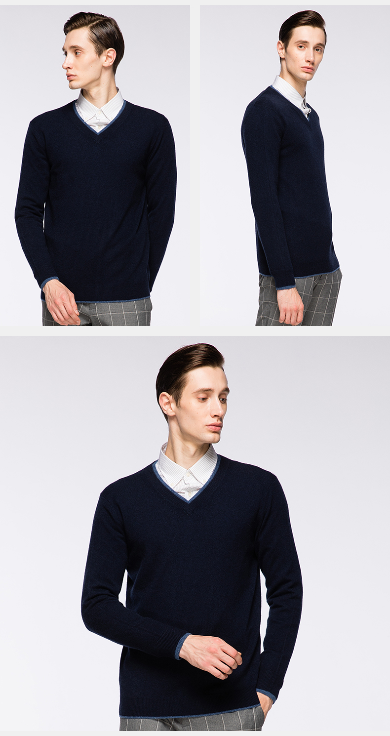 St. Xuerong 2018 thu đông mới áo len cashmere nguyên chất nam đôi V cổ áo màu tương phản thiết kế kinh doanh áo len giản dị - Áo len Cashmere áo da nam cao cấp