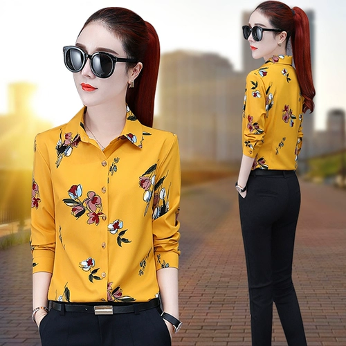 Модная весенняя рубашка, утепленный шифоновый ретро лонгслив, цветочный принт, в западном стиле
