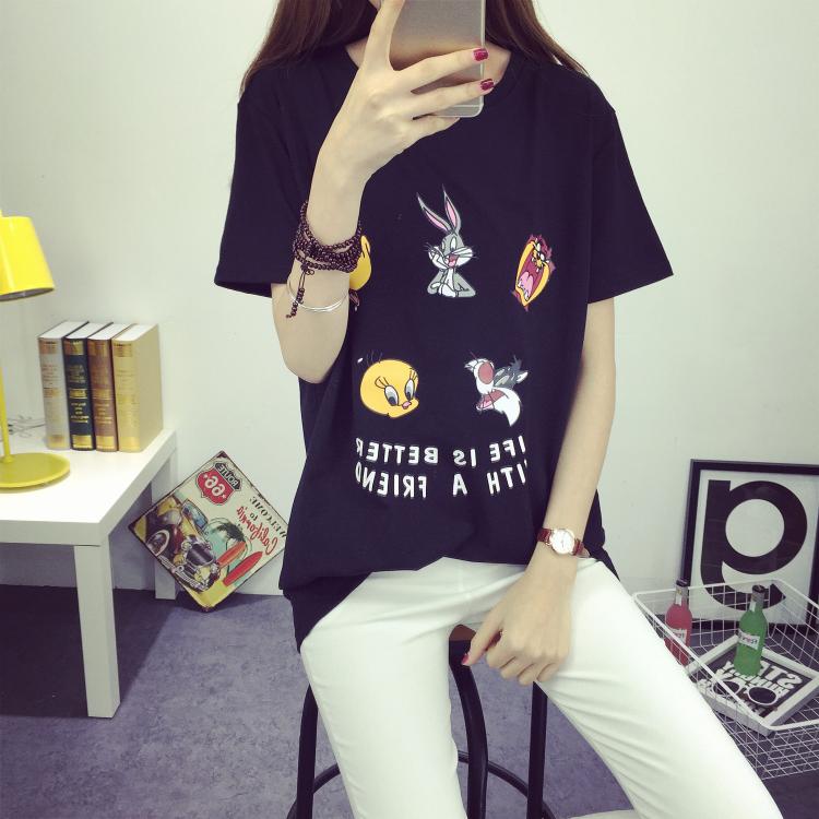 Mùa hè mới thai sản váy ngắn tay cotton dễ thương phim hoạt hình in dài lỏng T-Shirt của phụ nữ áo triều thời trang