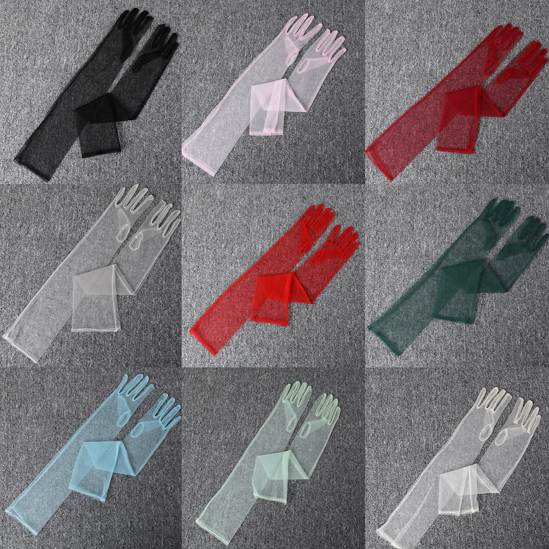 Thin Mesh Bridal Wedding Dress Gloves Ultra-Thin Long Burgundy Pink Green Blue Arm Cover Sleeves