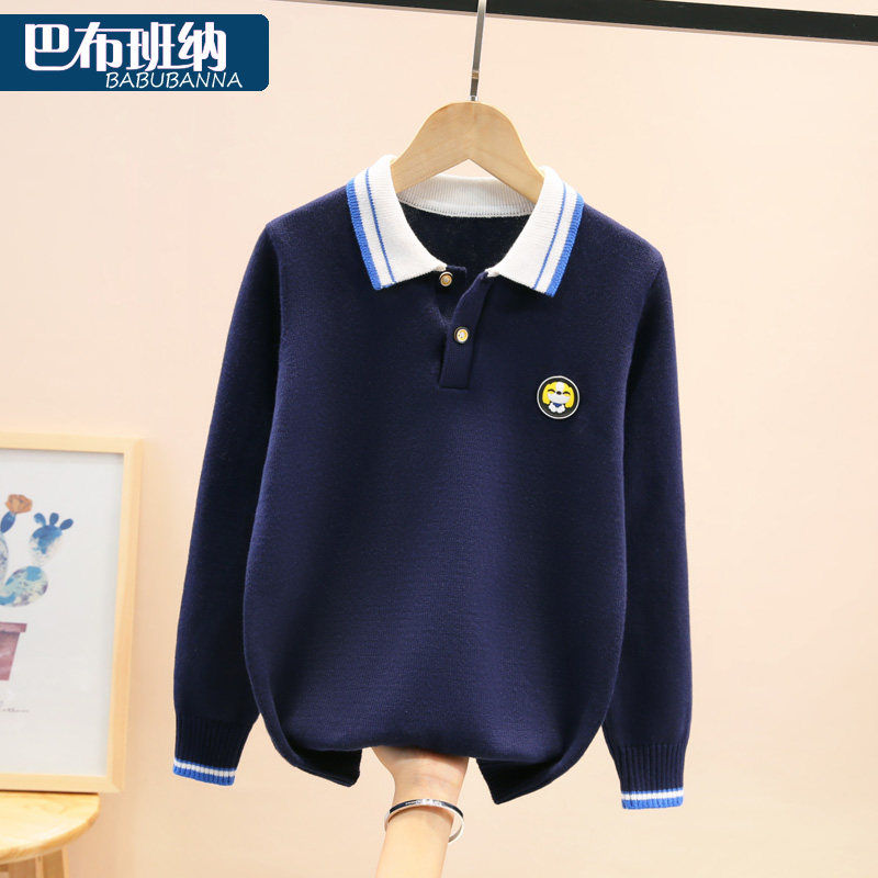 Boys' Sweater Turtleneck Spring and Autumn School Style Zhongda Children's Sanitary Clothes Plus Cashmere Thickened Autumn and Winter Boys Knitted Shirt Cotton